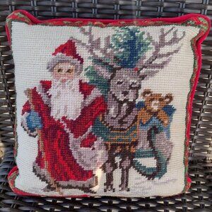 Vtg Wool Velvet Old World Santa Needlepoint Throw Pillow 9 x 9 Christmas Holiday